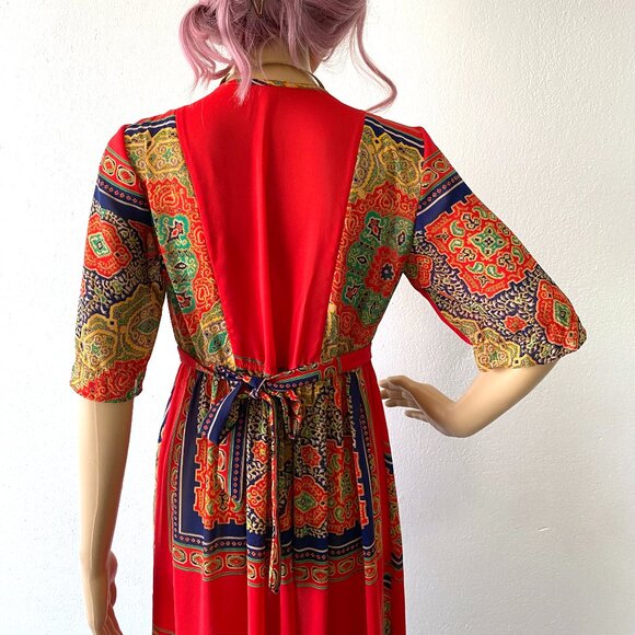 Long Red Bohemian Dress Summer Hippie Multicolored Maxi Dress Tie Back Dress - Picture 9 of 10